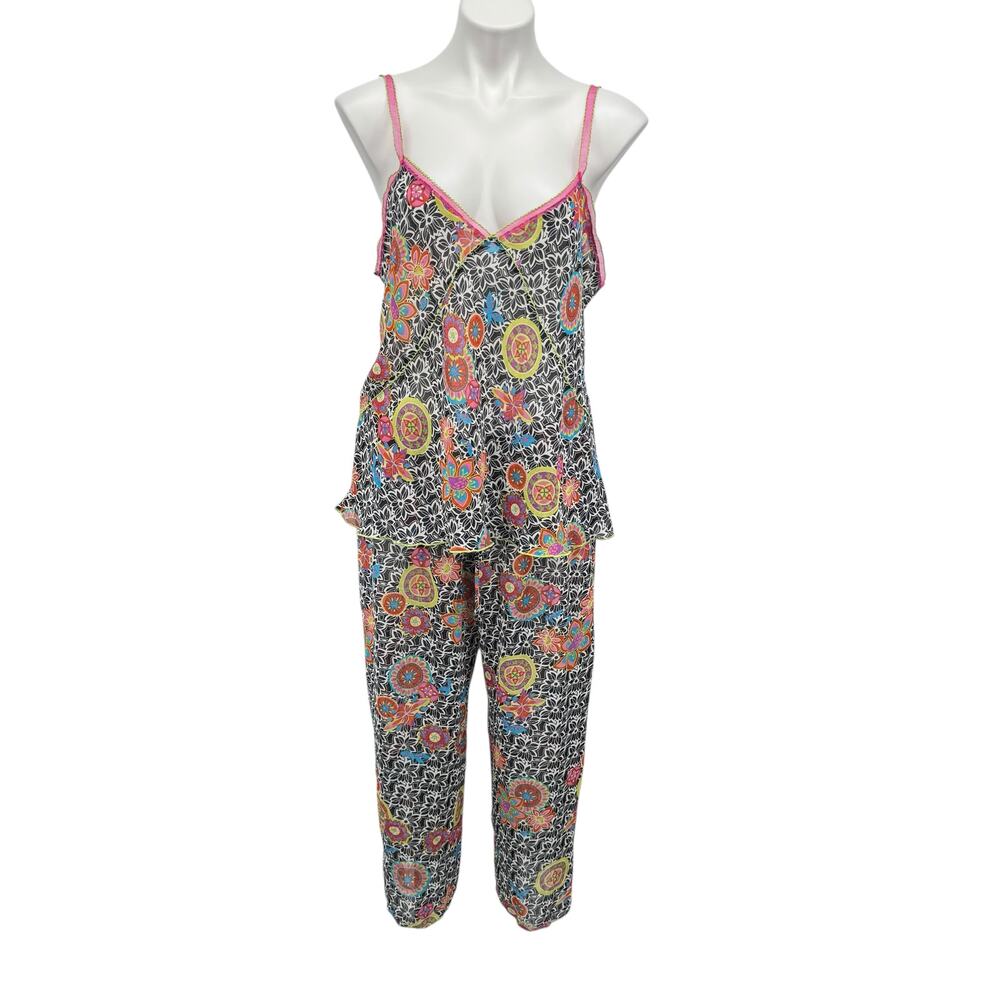 Josie Natori Pajama Set Floral SZ XL Top Pants Womens Black Lounge Artistic Fun